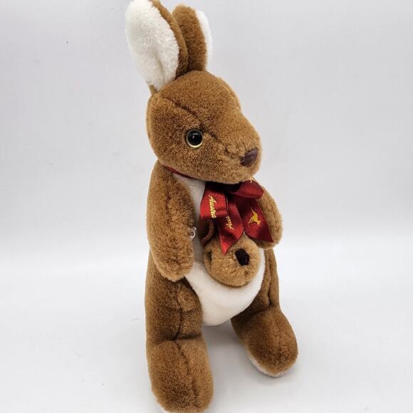 Toyhut Kangaroo Mother Joey Pouch Plush 10" Satin Bow Brown Stuffed Uni Toys - Picture 2 of 9